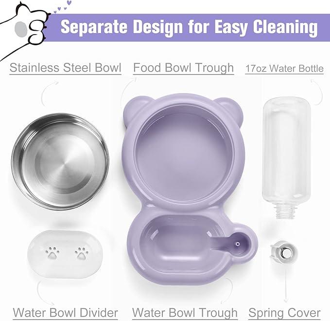 Dog Bowls, Cat Food and Water Bowl Set with Water Dispenser and Stainless Steel Bowl for Cats and Small Dogs - Purple - PAWPICO