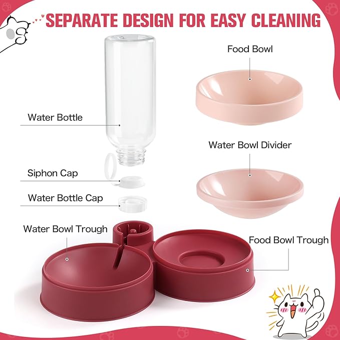Cat Food Bowl, Cat Bowls Whisker Friendly with Water Dispenser for Cats and Small Dogs - PAWPICO