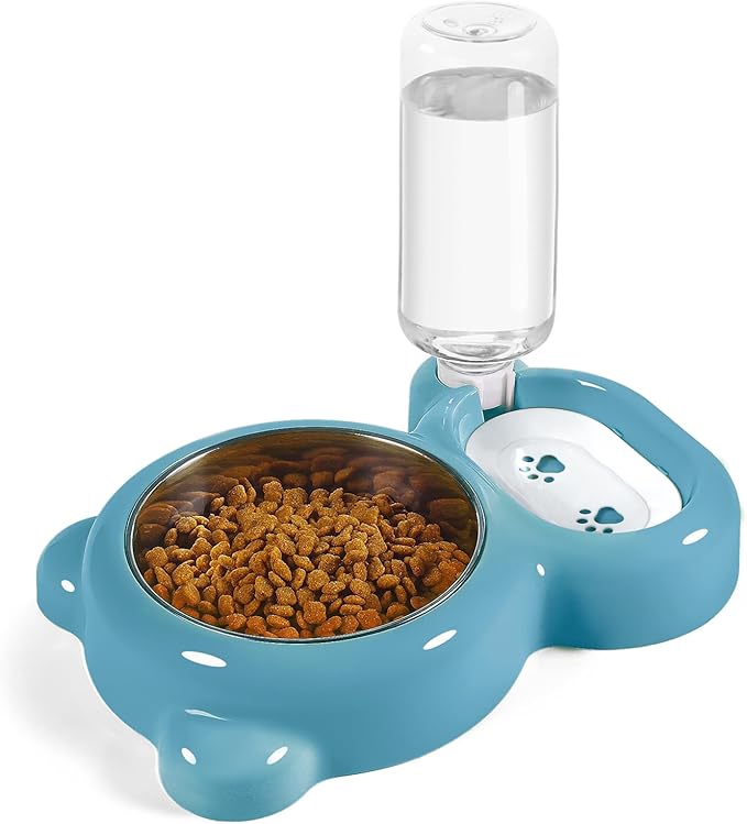 Dog Bowls, Cat Food and Water Bowl Set with Water Dispenser and Stainless Steel Bowl for Cats and Small Dogs - Blue - PAWPICO