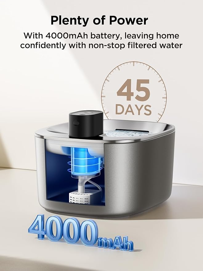 Wireless Cat Water Fountain Stainless Steel with Sensor, 4000mAh Battery Operated, 4L/135fl oz Pet Water Fountain for Cats Dogs, Ultra Quiet Cat Drinking Fountain with 2 Filters (YPD-C004S) - PAWPICO