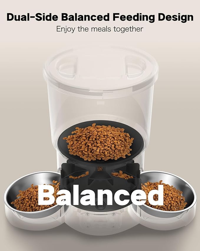 SURDY Automatic Cat Feeder for 2 Cats, 3L Cat Food Dispenser Auto Cat Feeder with 2 Stainless Bowls, 10s Meal Call Dual Power Supply and Timer Setting 12 Portions 6 Meals Per Day for Cats (Black, 5L) - PAWPICO