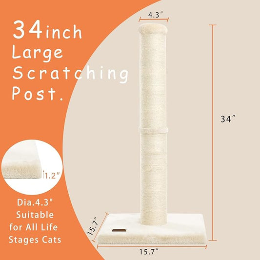 34inch Cat Scratching Post with Natural Sisal Rope 4.3Inch Large Diameter Scratcher Post Tree for Indoor Cats Beige - PAWPICO