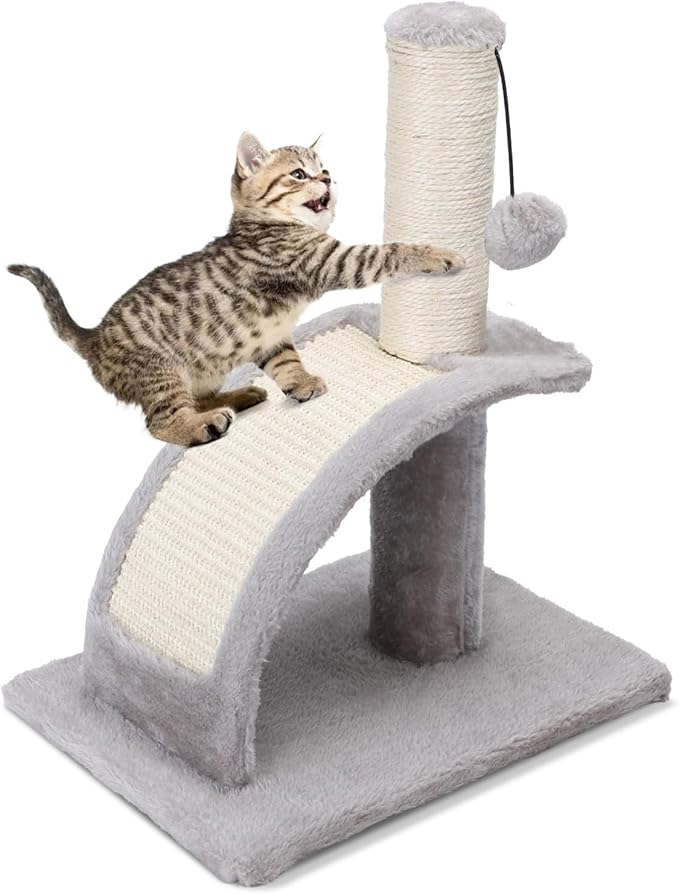 Nobleza Cat Scratching Post for Indoor Cats, Durable Natural Sisal Rope Cat Scratch Post with Cat Self Groomer, Sturdy Cat Scratcher Post for Kittens Small Cats with Funny Hanging Ball, Light Grey - PAWPICO