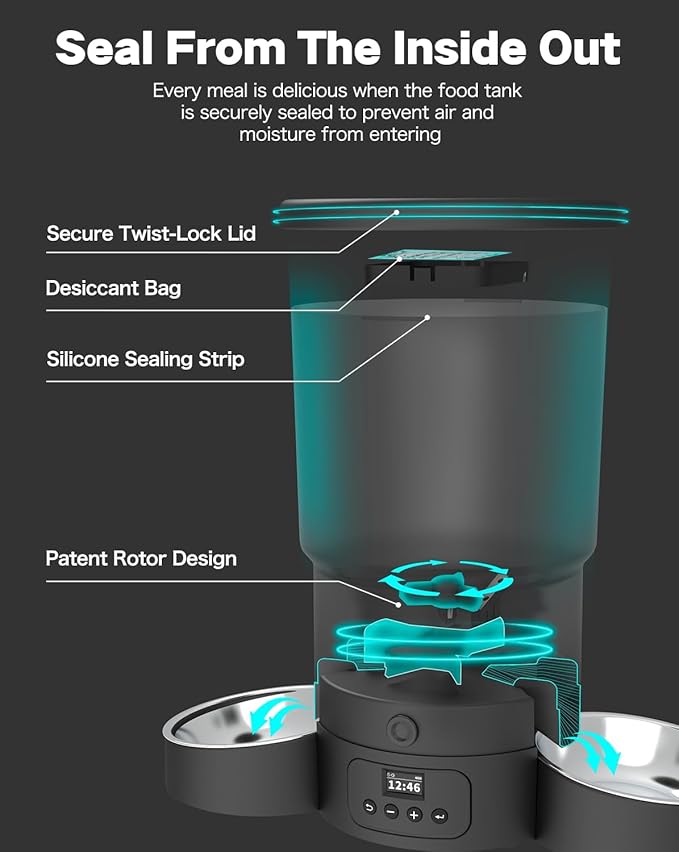 SURDY Automatic Cat Feeder for 2 Cats, 3L Cat Food Dispenser Auto Cat Feeder with 2 Stainless Bowls, 10s Meal Call Dual Power Supply and Timer Setting 12 Portions 6 Meals Per Day for Cats (Black, 5L) - PAWPICO