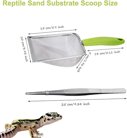 Reptile Sand Substrate Scoop Reptile Sand Fine Mesh Reptile Scooper Stainless Steel Terrarium Substrate Sand Bedding Litter Cleaner Scoop and Reptile Long Feeding Tongs Set (Green-2mm) WoYous