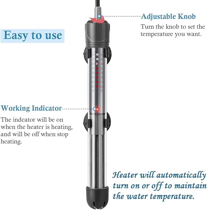 HITOP 25W 50W 100W 200W 300W Adjustable Aquarium Heater, Submersible Fish Tank Heater Thermostat with Suction Cups (100W-grey) HITOP-FocusonAquarium