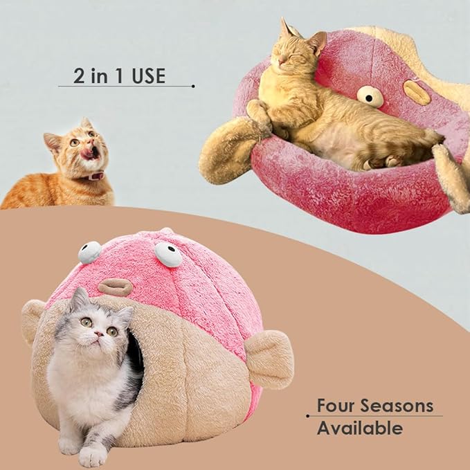 Cat Beds for Indoor Cats - Cat Bed Cave with Removable Washable Cushioned Pillow, Soft Plush Premium Cotton No Deformation Pet Bed, Lively Pufferfish Cat House Design, Pink, Multiple Sizes(M) - PAWPICO