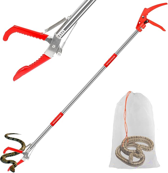Upgraded 50'' Snake Grabber Tool with Lock, Foldable Snake Hook with Wide Jaw, Stainless Steel Snake Tongs, Long Reach Reptile Catcher, Non-Slip Grip for Safe Handling Incycall
