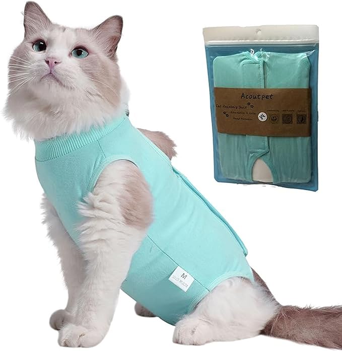 Cat Recovery Suit Female Kitten Cat Onesie for Cats After Surgery Female Spay Surgical Abdominal Wound Skin Diseases Cone Collar Soft Alternative Wear (Green, M) Acoutpet