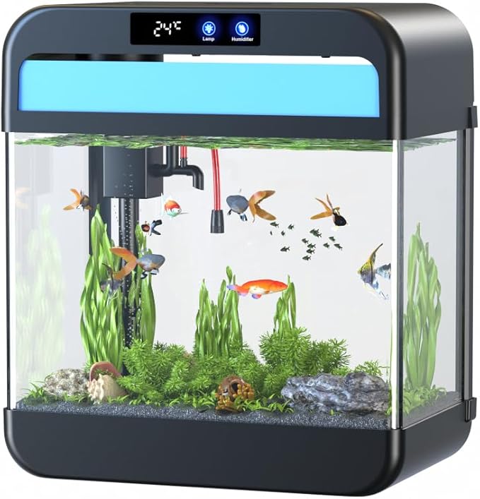 Fish Tank Aquarium 2.2 Gallon Fish Bowl with Humidifier 7 Color Auto-Looping Light 3 in 1 Pump with Filteration & Oxygenation & Circulation, Temperature Display, HD Float Glass, Thickened Base Focusonhomelifeandhealth