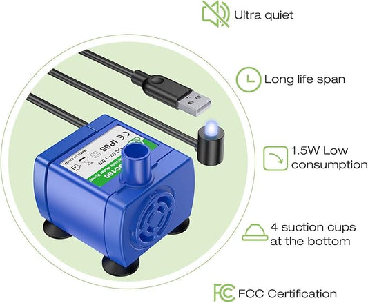 Cat Water Fountain with Stainless Steel Top and 2 Flower Spouts, 2.5L Pet Water Fountain with Led Light and Water Level Window - PAWPICO