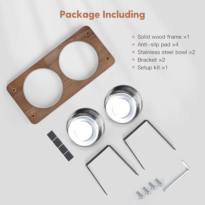 Elevated Cat Bowls, 15° Tilted Raised Cat Food Bowls Wood Pet Bowls with Stand Anti Vomiting 2 Stainless Steel Bowls for Cats and Puppy - PAWPICO