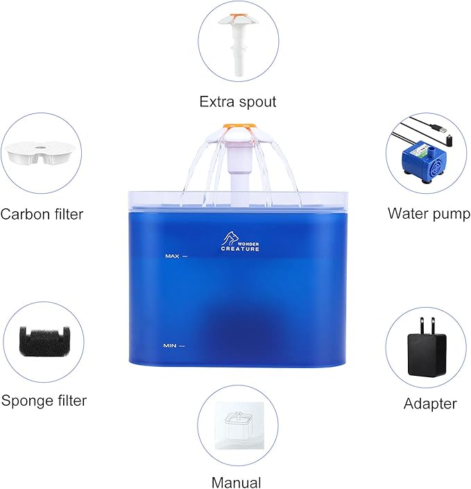 Cat Water Fountain, 67oz/2L Automatic Cat Drinking Fountain, Pet Water Fountain with LED Light and Filter for Cats and Small Dogs (Blue) - PAWPICO