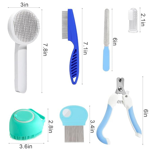 VCZONE 8 Pcs Cat Brush Grooming Kits, Pet Self Cleaning Kit with Pet Nail Clipper and File, Flea Comb, Pet Shampoo Bath Brush, Pet Shedding Brush, Silicone Toothbrush (Blue) - PAWPICO