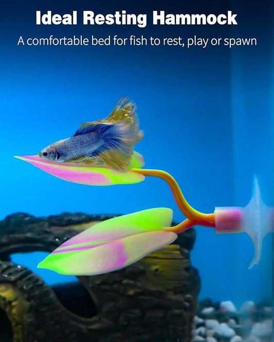 Uniclife Betta Leaf Hammock Aquarium Rest Bed Fish Breeding Playing Pad with Suction Cup Soft Lifelike Leaf Ornament Colorful Silicone Leaf Decoration for Fish Tank Landscape (Green & Orange), 2 Pack UnicLife