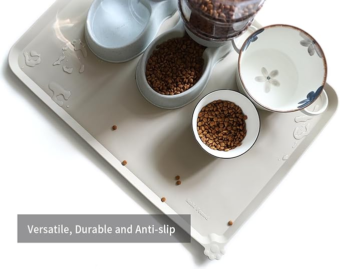 Hoki Found X-Large Silicone Pet Food Mats Tray - Non Slip Pet Dog Cat Bowl Mats Placemat - Dog Pet Cat Feeding Mat - Waterproof Dog Cat Food Mats -Pet Water Mats for Carpet - Cream Brown - PAWPICO
