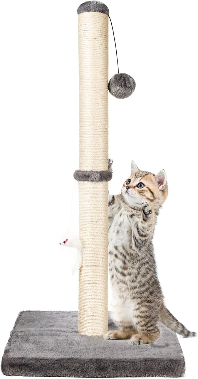 MeowHomm 32'' Tall Cat Scratching Post Cat Scratcher with Hanging Ball, Durable Cat Scratching Post for Indoor with Sisal Rope (Gray) - PAWPICO