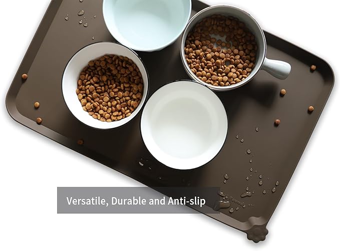 Hoki Found L Silicone Pet Food Mats Tray - Non Slip Pet Dog Cat Bowl Mats Placemat - Dog Pet Cat Feeding Mat - Waterproof Dog Cat Food Mats -Pet Water Mats for Carpet - Coffee - PAWPICO