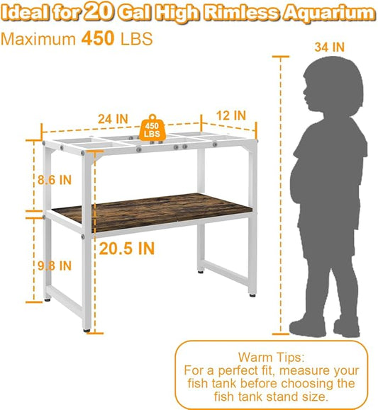 20 Gallon High Rimless Fish Tank Stand with Shelf for Storage, 2 Tiers Metal Aquarium Stand, Breeder Tank Turtle Reptile Terrariums Stand Rack for Home Office, 24" L x 12" W x 20.5" H, White Mondazie