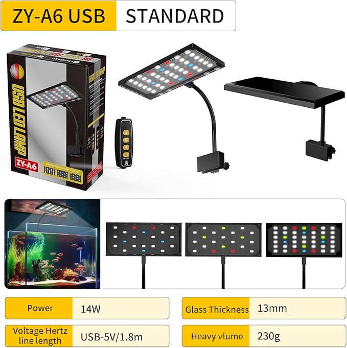 LONDAFISH Aquarium Light Clip on Aquarium Light Fish Tank Lamp Dimmable Full Spectrum Marine LED for Fish Tanks 14 Watts with USB Port Adjustable 360° Flexible Arm Aquarium LED Light (14W,42LEDs) LONDAFISH