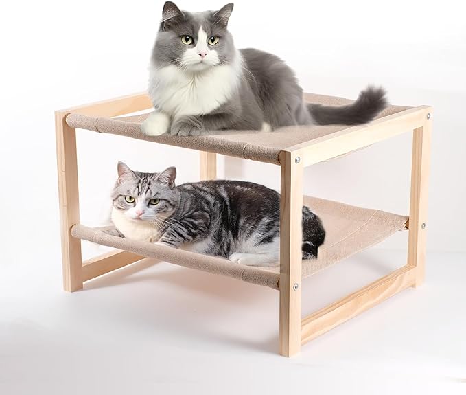 2 Tier Cat Hammock Bed, Elevated Wooden Pet Bunk Beds for Indoor Cats, Double Wooden Cat Bed, Solid Wood Raised Hanging Bed for 1 or 2 Cats Breathable Washable Covers - PAWPICO