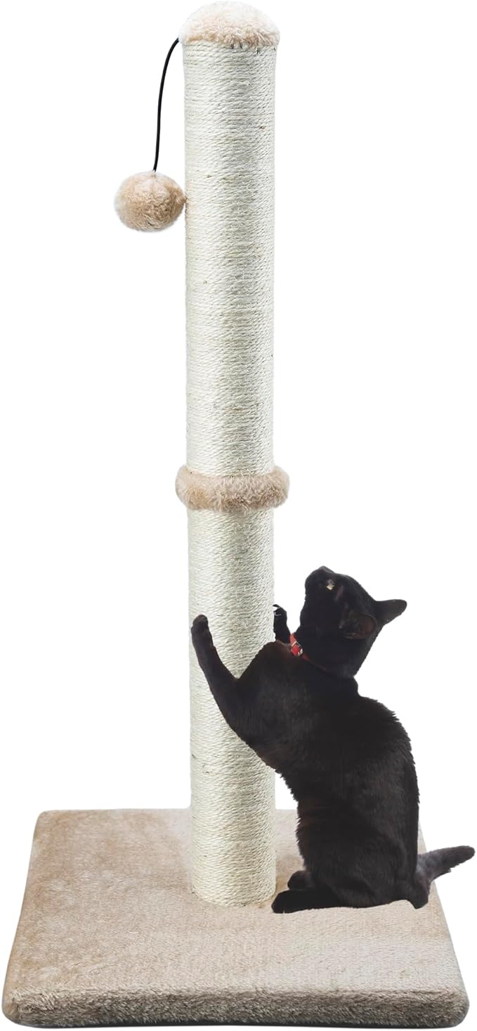 Dimaka 34" Tall Cat Scratching Post for Large Cats and Kittens, High Vertical Scratcher with Premium Natural Sisal Rope and Interactive Hanging Ball for Indoor Cats (Light Brown, 34 inches) - PAWPICO