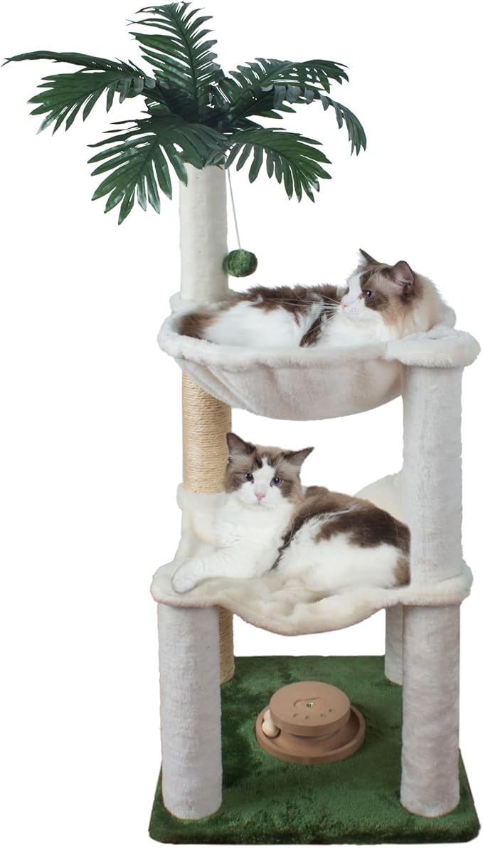 Cat Scratching Post 30 Inches Small Cat Tree Tower with Two Cat Hammock, Double Cat Hammock with Cat Toy Wooden Interactive, Cat Condo for Kitten and Adults Cat - PAWPICO