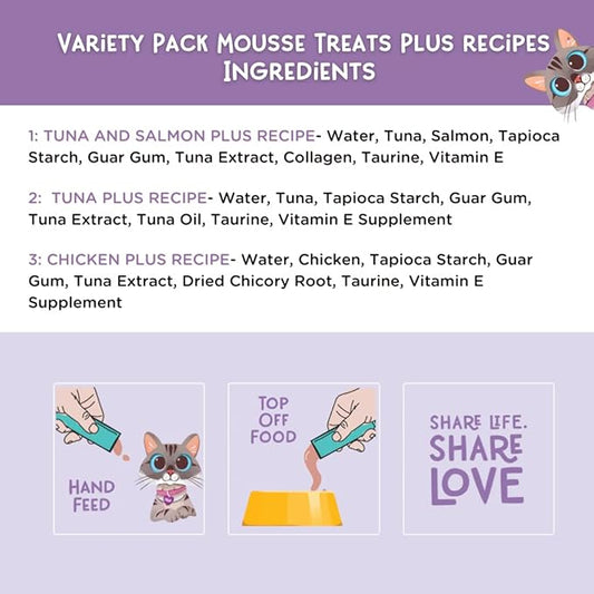 LOVE, NALA - Natural Lickable Cat Squeeze Up Treat,Topper - Variety Plus Pack Mousse - Wet Food Cat Puree - Grain Free, Fiber Blend, Minerals, Vitamins - 24 Pack - PAWPICO