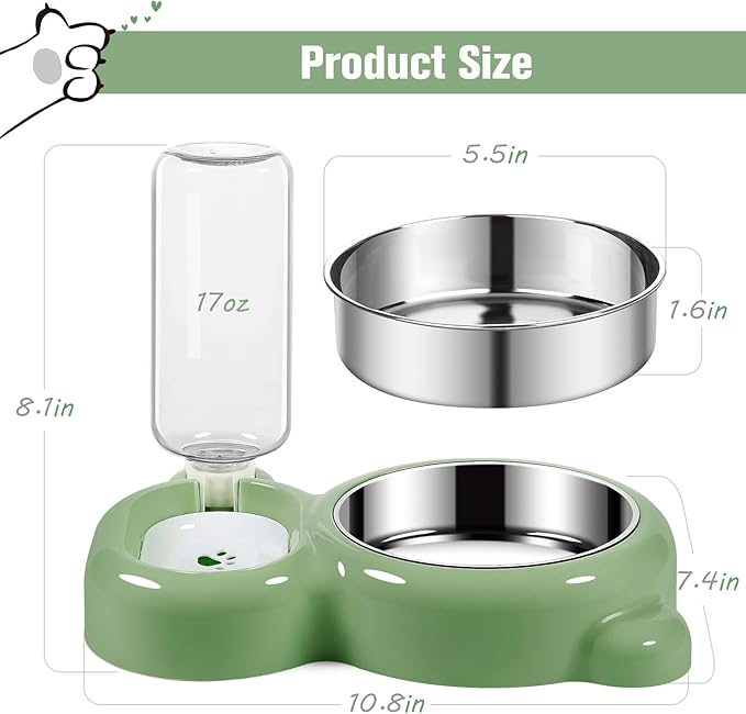 Dog Bowls, Cat Food and Water Bowl Set with Water Dispenser and Stainless Steel Bowl for Cats and Small Dogs - Green - PAWPICO