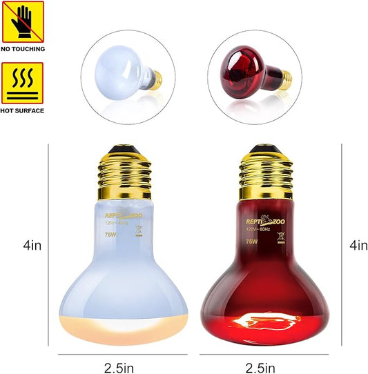 REPTIZOO 75W Reptile Heat Lamp Combo Pack, 2PCS Day & Night Basking Spot Light, UVA Daylight Heating Lamp Basking Bulb and Infrared Heat Emitter Red Heat Lamp REPTIZOO