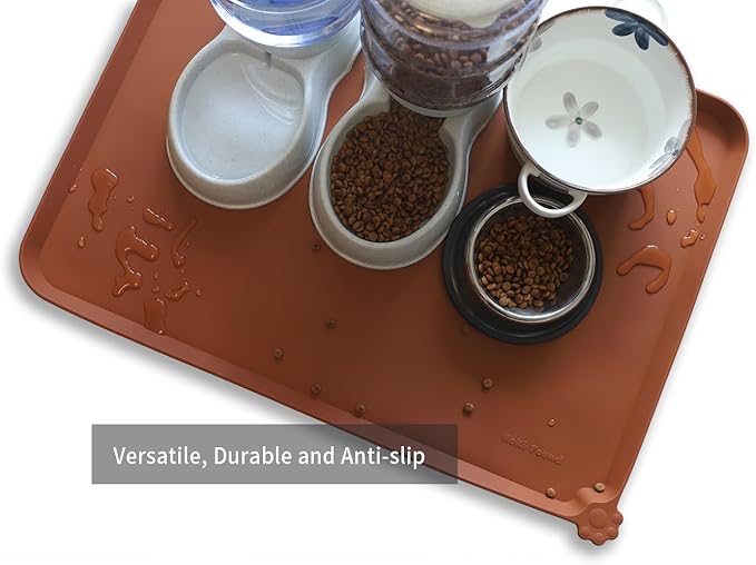 Hoki Found X-Large Silicone Pet Food Mats Tray - Non Slip Pet Dog Cat Bowl Mats Placemat - Dog Pet Cat Feeding Mat - Waterproof Dog Cat Food Mats -Pet Water Mats for Carpet - Caramel - PAWPICO