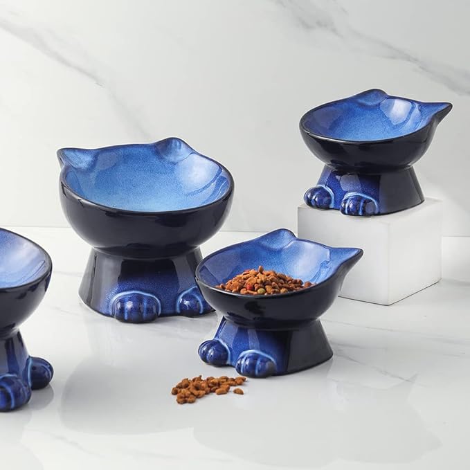 Nihow Elevated Cat/Dog Bowls Set : 5 Inch Ceramic Raised Cat Food and Water Bowl Set for Protecting Pet's Spine - Feeding & Watering Supplies for Pets- Elegant Blue & Black (2PC) - PAWPICO