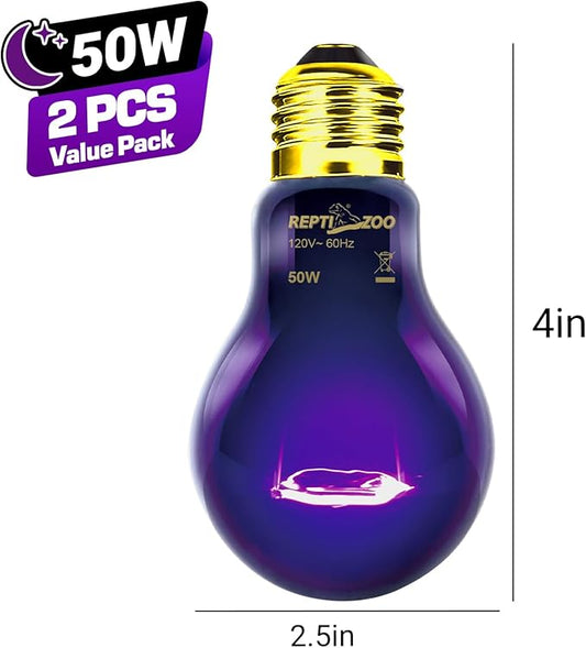 REPTIZOO 2PCS Reptile Night Heat Lamp, 50W Moonlight Heat Bulb Infrared Heating Lamp Purple Reptile Heat Lamp Night Bulb for Bearded Dragon, Lizard, Snake, Turtle REPTIZOO