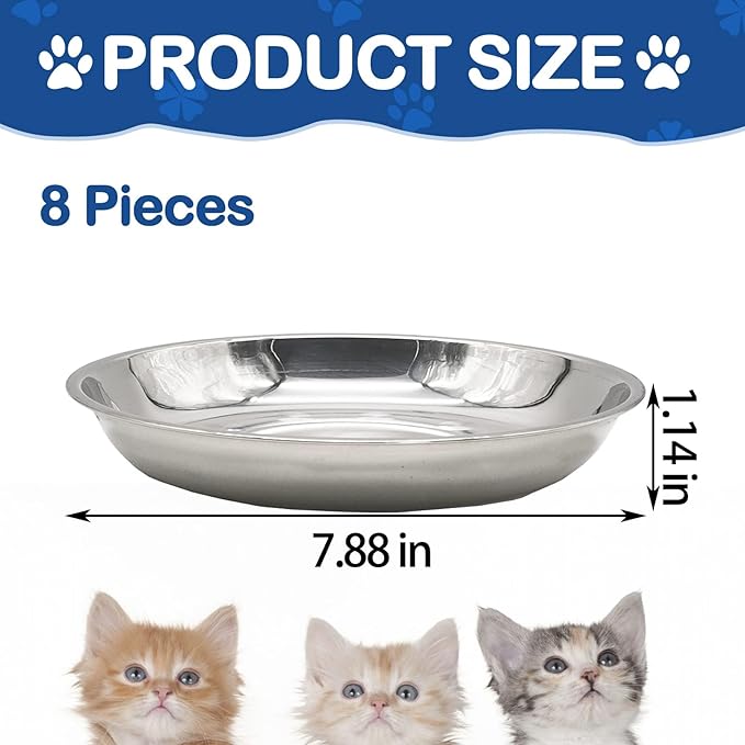 kathson 8 Pcs Stainless Steel Cat Food Bowls, Replacement Whisker Relief Cat Metal Dishes, Shallow Wide Cat&Dog Food and Water Bowl Suitable for Pet Feeding Stand, Dishwasher Safe (7.88 Inch Dia.) - PAWPICO