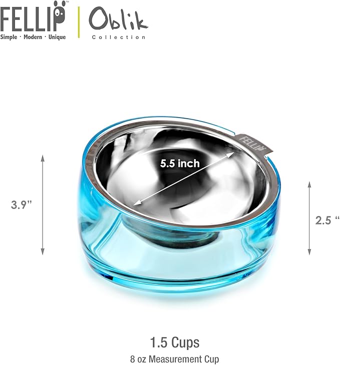 Felli Pet Oblik Slanted Dog Food Water Bowl Elevated Stainless Steel Oval Dish Ergonomic Angled Metal Feeder Spill Proof Non Slip, Raised Acrylic Cone for Bulldog Pug Small Medium (1.5Cup Sapphire) - PAWPICO