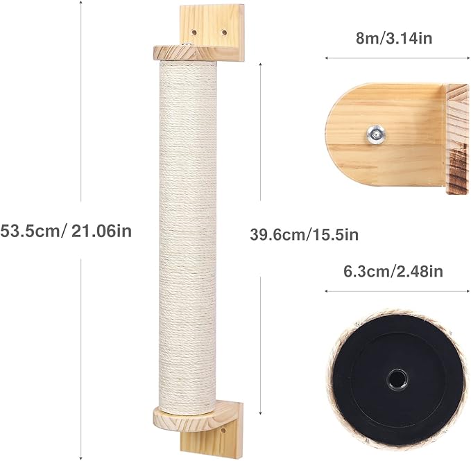 Wall Mounted Cat Scratching Post - 21'' Wooden Sisal Cat Scratcher,Hemp Rope Scratcher Posts for Indoor Cats or Kittens- Cute Modern Wall Mounted Cat Furniture - PAWPICO