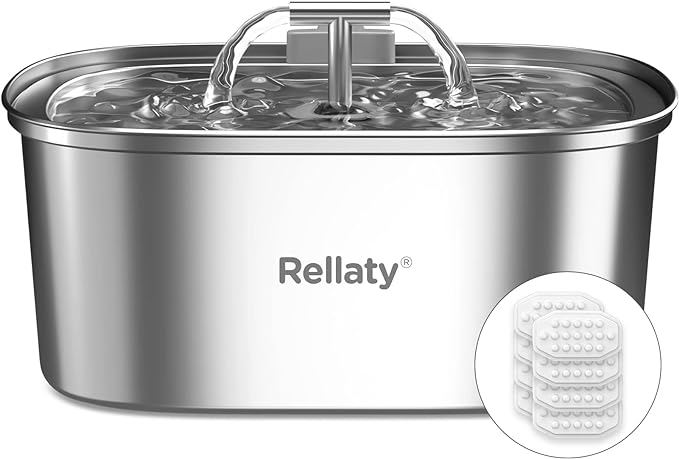 Cat Water Fountain Stainless Steel: 3.2L/108oz Pet Foundatin Water Bowl for Cats Inside Automatic Dog Drinking Dispenser Dish Animal Feeding & Watering Supplies Waterfall with 8 Replacement Filters - PAWPICO
