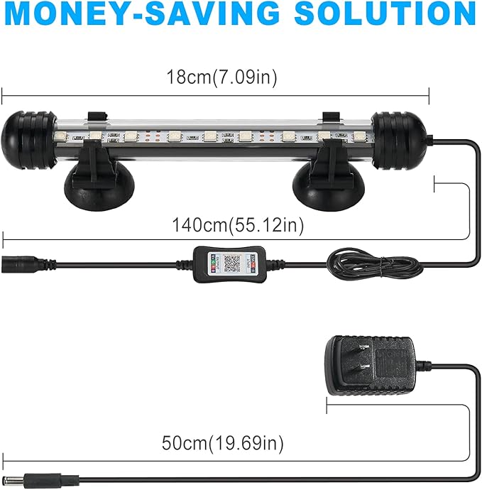 GreenSun Fish Tank Aquarium Light: Submersible Led Lamp - 7 Inch Waterproof Strip Spotlight with APP Control GreenSun