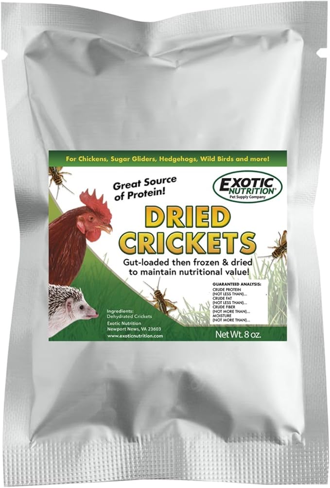 1.5 Pound Dried Crickets - High Protein Insect Treat - Chickens, Wild Birds, Hedgehogs, Bluebirds, Reptiles, Sugar Gliders, Opossums, Skunks, Lizards, Bearded Dragons, Fish, Turtles 8 oz. (3 Pack) ExoticNutrition
