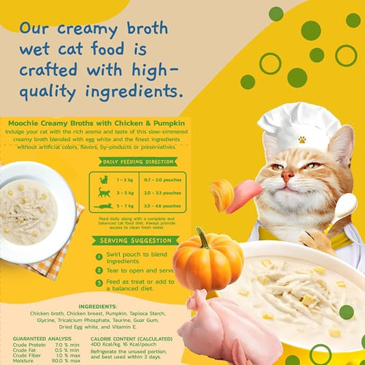 MOOCHIE Grain Free Creamy Broth for Cats - Made with Real Chicken & Pumpkin - No Artificial Flavors or Preservatives - 16 x 1.4 oz Pouch - PAWPICO