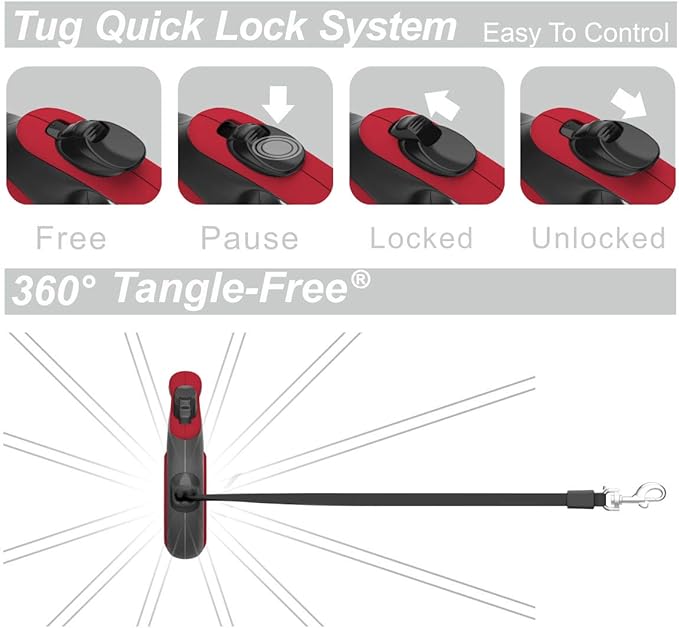 TUG 360° Tangle-Free Retractable Dog Leash with Anti-Slip Handle | 16 ft Strong Nylon Tape | One-Handed Brake, Pause, Lock (Small, Red) TUG