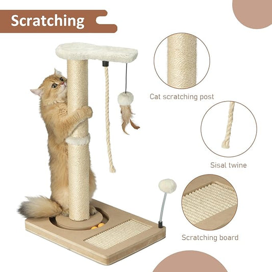 PAWSFANS Cat Scratching Post,Sisal Scratch Posts with Track Ball Feather Toy for Indoor Cats and Kittens,25" Tall Beige - PAWPICO