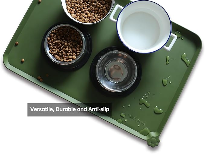 Hoki Found Large Silicone Pet Food Mats Tray - Waterproof Dog Pet Cat Feeding Mat - Non Slip Pet Dog Cat Food Bowl Mats Placemat -Pet Water Mats for Carpet - Dark Olive - PAWPICO
