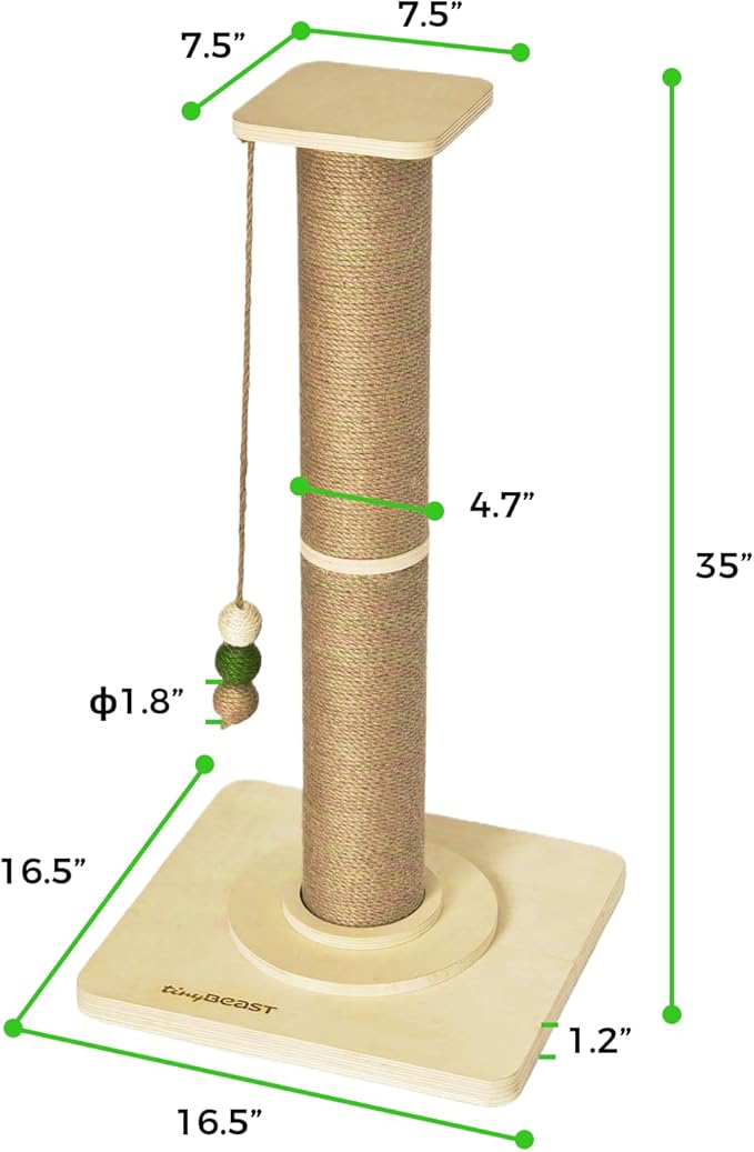TINYBEAST Cat Scratching Post, Large 35'' Tall Sisal Cat Scratch Post with Thick Wooden Base for Indoor Cats, Super Stable Cat Scratcher Toy Protect Your Furniture - PAWPICO