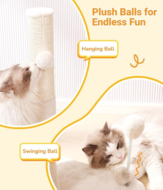 Happi N Pets 34“ Tall Cat Scratching Post for Big Cats, Natural Sisal Cat Scratchers for Indoor Cats, Heavy Duty Cat Stands Featuring with Cat Self Groomer and Hanging Toys, Free Catnip-Beige - PAWPICO