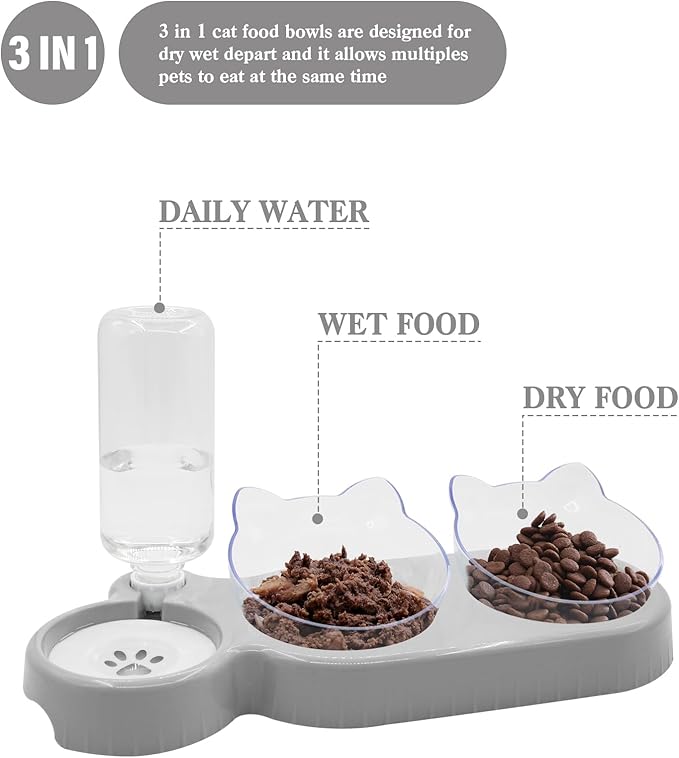 Triple Cat Bowls,15°Tilt 3-in-1 Water Feeder Bowls Cat Double Food Bowls with Automatic Water Bottle Bowl, Whisker Friendly Wet and Dry Cat Elevated Feeding Dishes for Small Cat and Puppy (Lead White) - PAWPICO