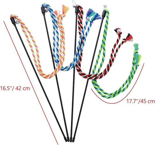 IUHKBH Cat Wands, 4 PCS Colorful Rope Cat Toys Interactive Cat Teaser Wands with Bell for All Breed Sizes - PAWPICO