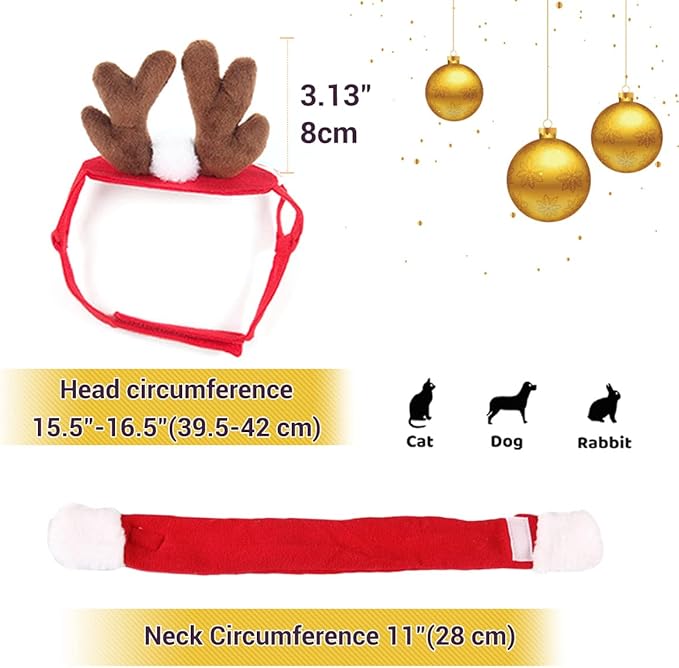PETLESO Cat Christmas Costume, Cat Reindeer Antlers with Christmas Scarf Small Dog Santa Costume Pet Xmas Outfits for Cat Kitten, Puppy - PAWPICO