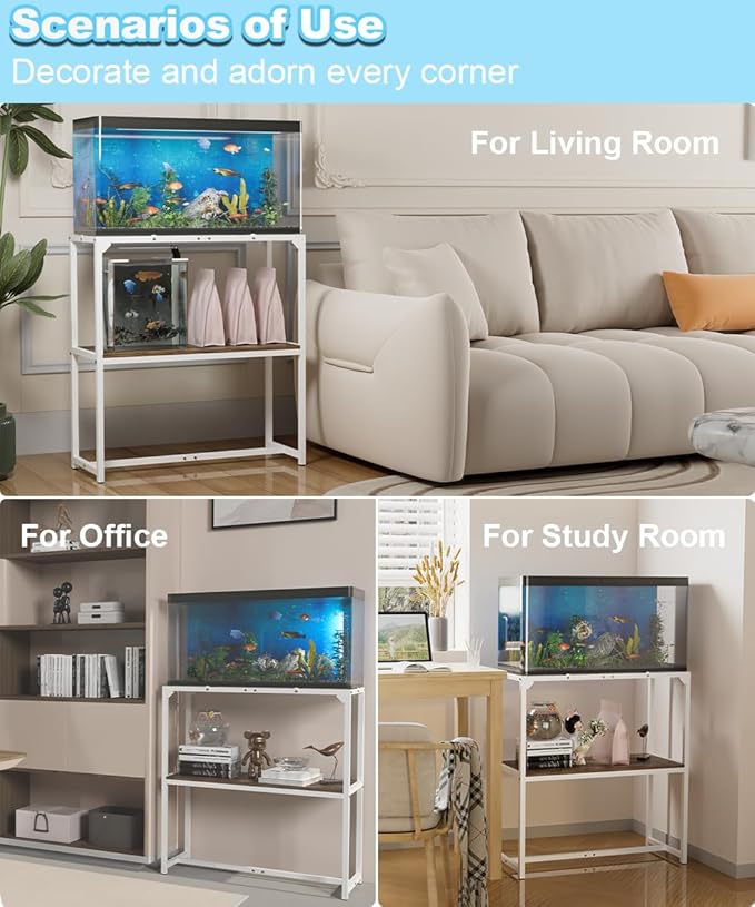 30 Gallon Fish Tank Stand, Upgraded Height Aquarium Stand Table with 2 Tiers Storage Shelf, Metal Reptile Breeder Turtle Terrarium Stand Rack for Home Office, 30" L x 12" W x 32.2" H, White Mondazie