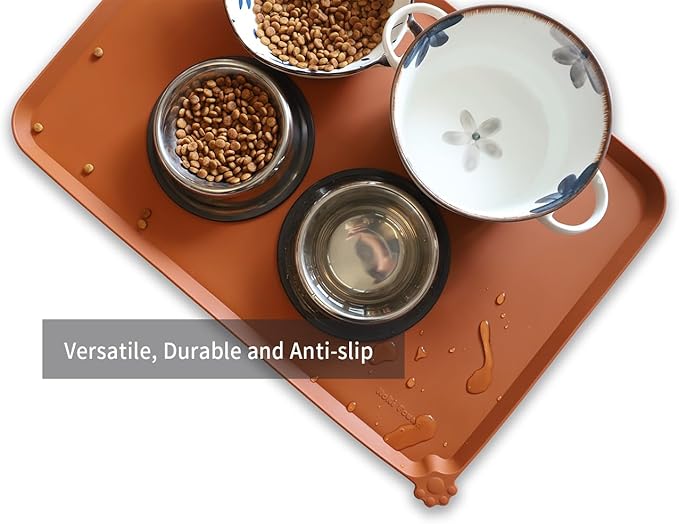 Hoki Found Large Silicone Pet Food Mats Tray - Non Slip Pet Dog Cat Bowl Mats Placemat - Dog Pet Cat Feeding Mat - Waterproof Dog Cat Food Mats -Pet Water Mats for Floors - Caramel - PAWPICO